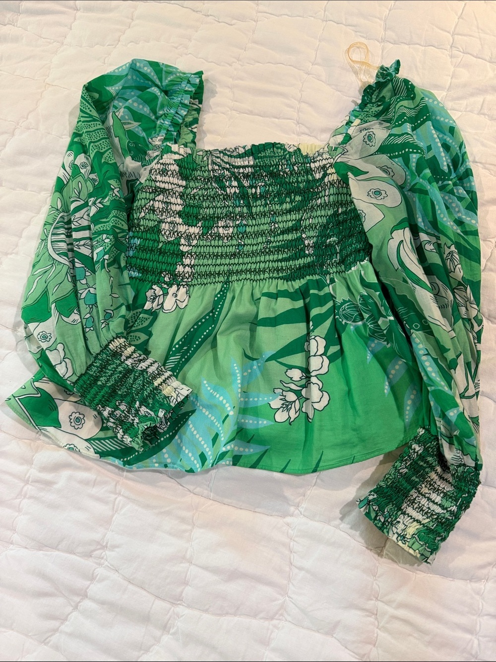 Hale Bob Green Floral Smocked Peasant Blouse
